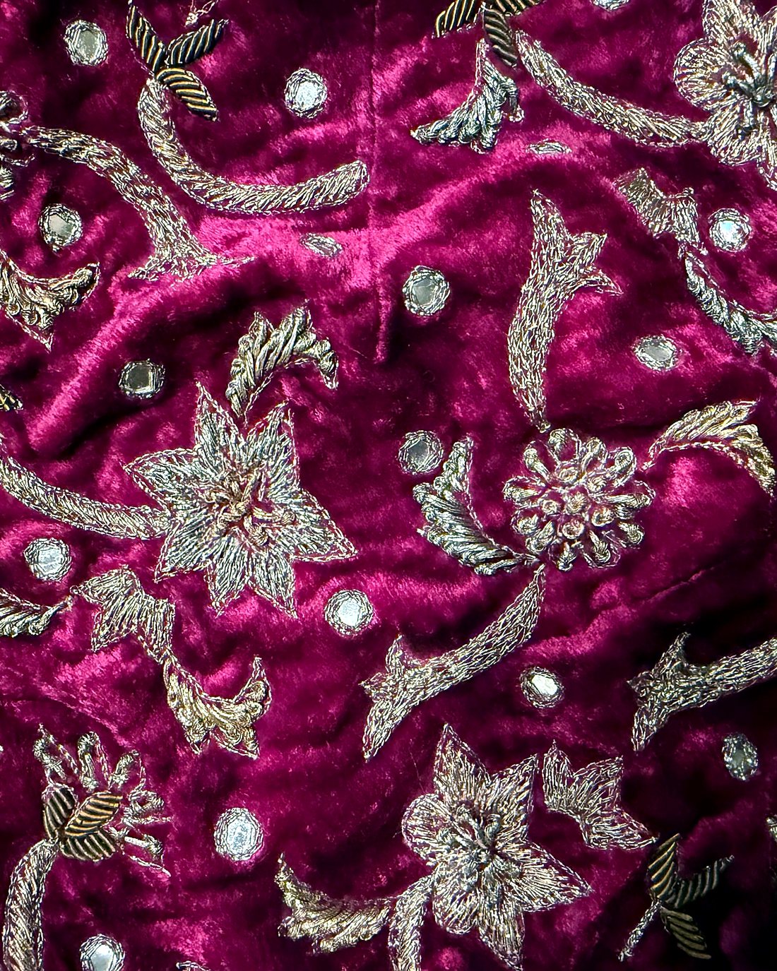 Zardozi and mirror work on magenta velvet